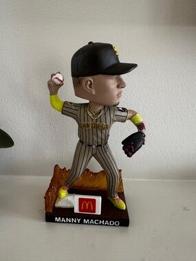 San Diego Manny Machado Bobblehead Toy - Black Cap, Brown Pinstripe Jersey